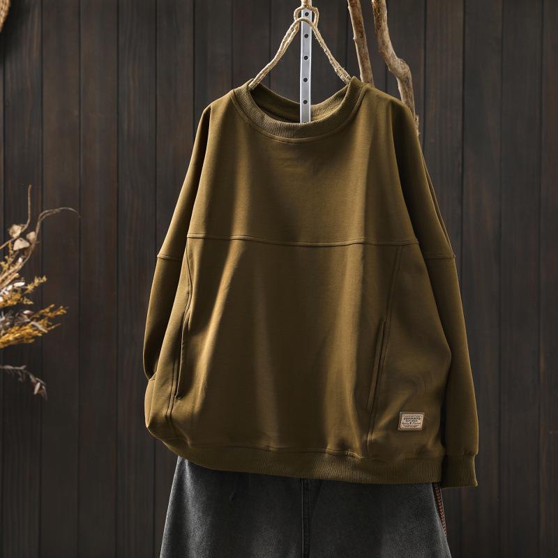 Women's Chic Loose-Fit Retro Sweatshirt with Round Neck, Appliqué & Contrast Stitching - Long Sleeve Casual Top