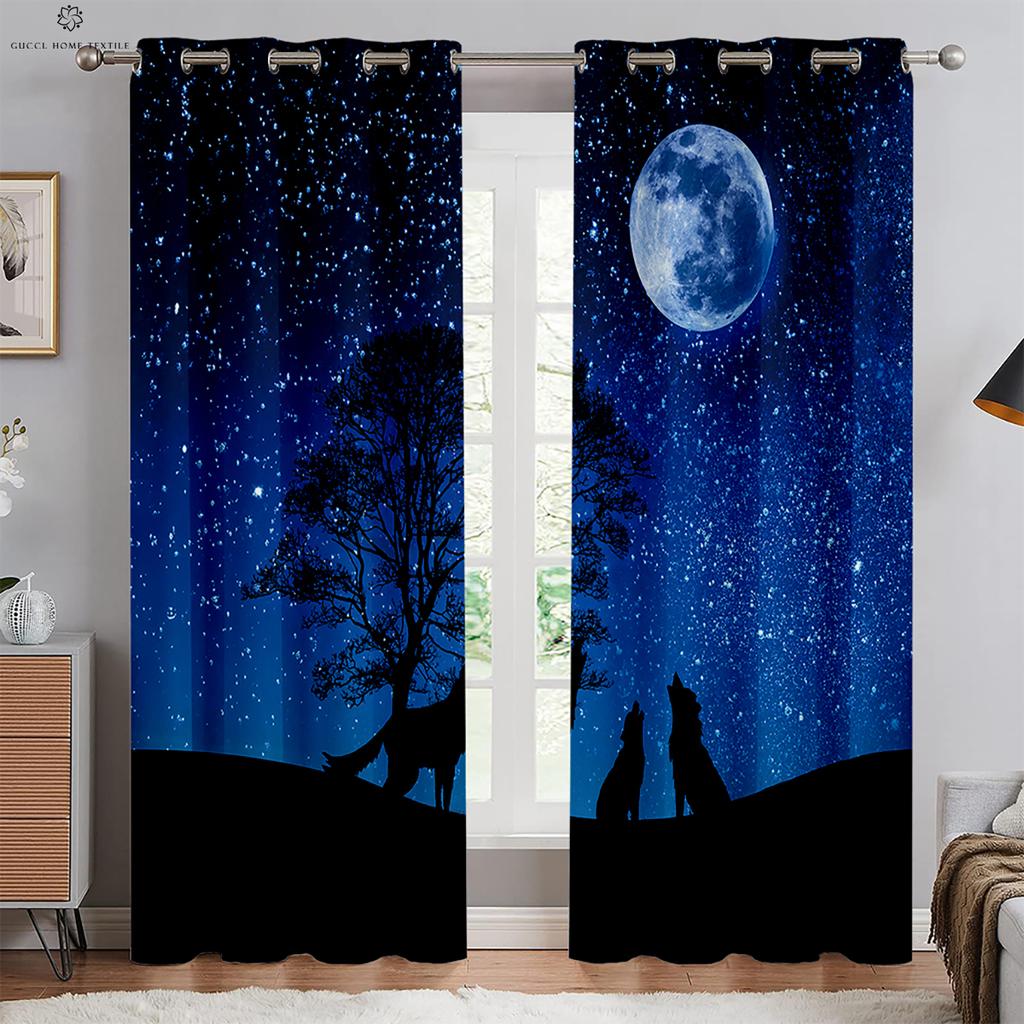 Starry Sky Moon Wolf Animal Print Window Blackout, Insulation Curtains, Bedroom, Living Room, Outdoor Kitchen Decorative Curtain