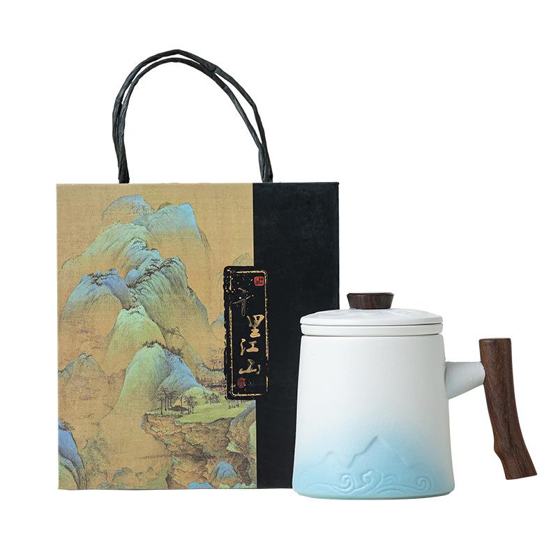 Ceramic office cup gift box, tea separation mug, personal filtered drinking cup with lid, business souvenir