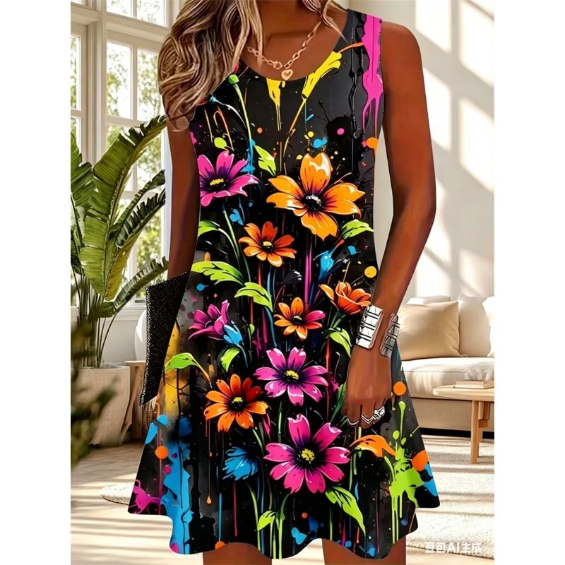 Women's Summer Boho Beach Vacation Dress Sexy Elegant Floral Sleeveless O-Neck Casual Loose Dress Top