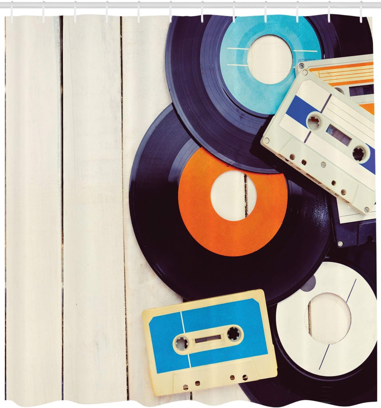 

Indie Shower Curtain, Gramophone Records And Old Audio Cassettes On Wooden Table Nostalgia Music, Cloth Fabric Bathroo W60H190(CM)-1 Pcs