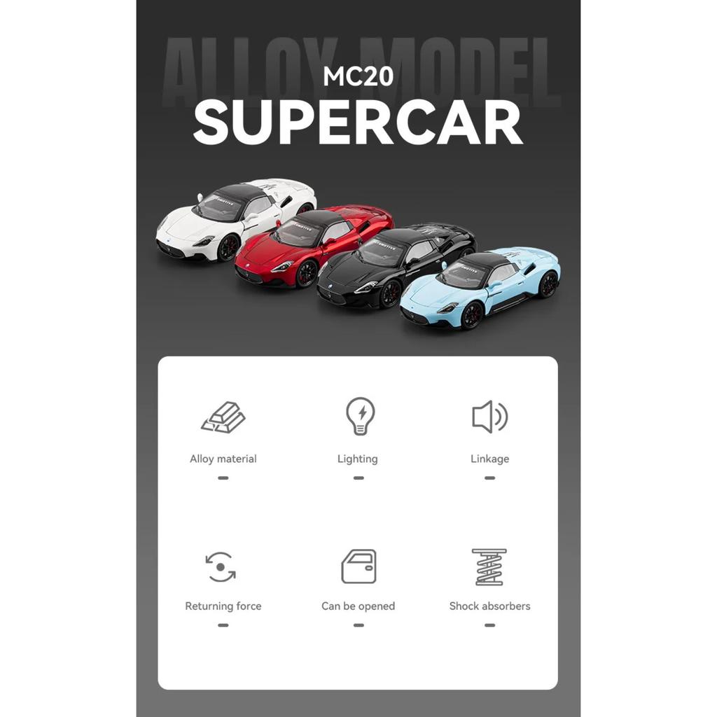 Maserati MC20 AMG Supercar im Maßstab 1:24, aus Metallguss, mit Sound und Lichteffekten, Sammlerstück für Kinder, ideales Geburtstagsgeschenk