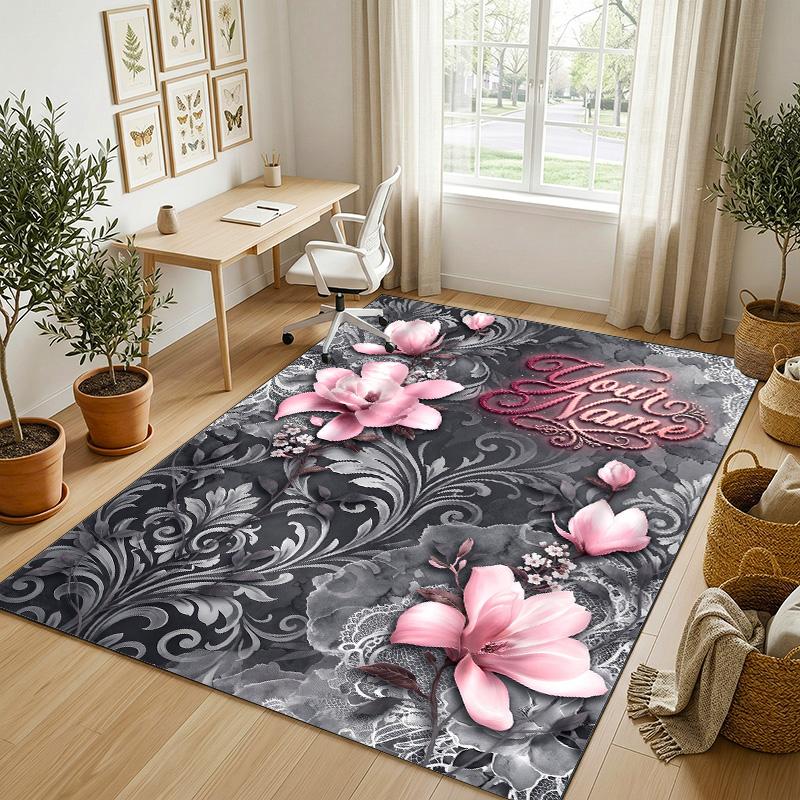 Floral Garden Theme Crystal Velvet Rug Personalized Custom Name Text Soft Floor Mat Home Decor