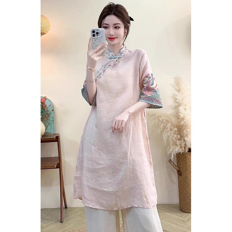 Feeling New National Style, Five-quarter Sleeves, Short Sleeves, Medium and Long Cotton and Linen Tops, New Summer Models, Versatile Embroidery