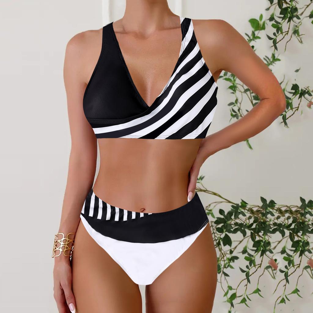 Women's Halter Half Edge Stripe Print Bikini Tankini Swimsuit