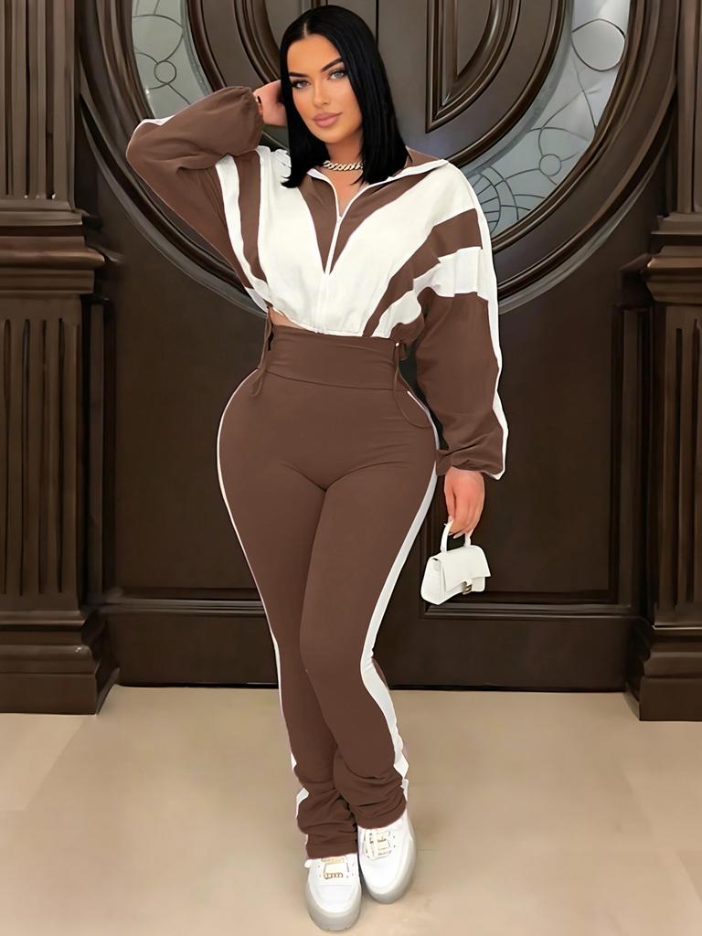 Womens Color Block Tracksuit Set Casual Short Sleeve Crop Top High Waist Workout Pants