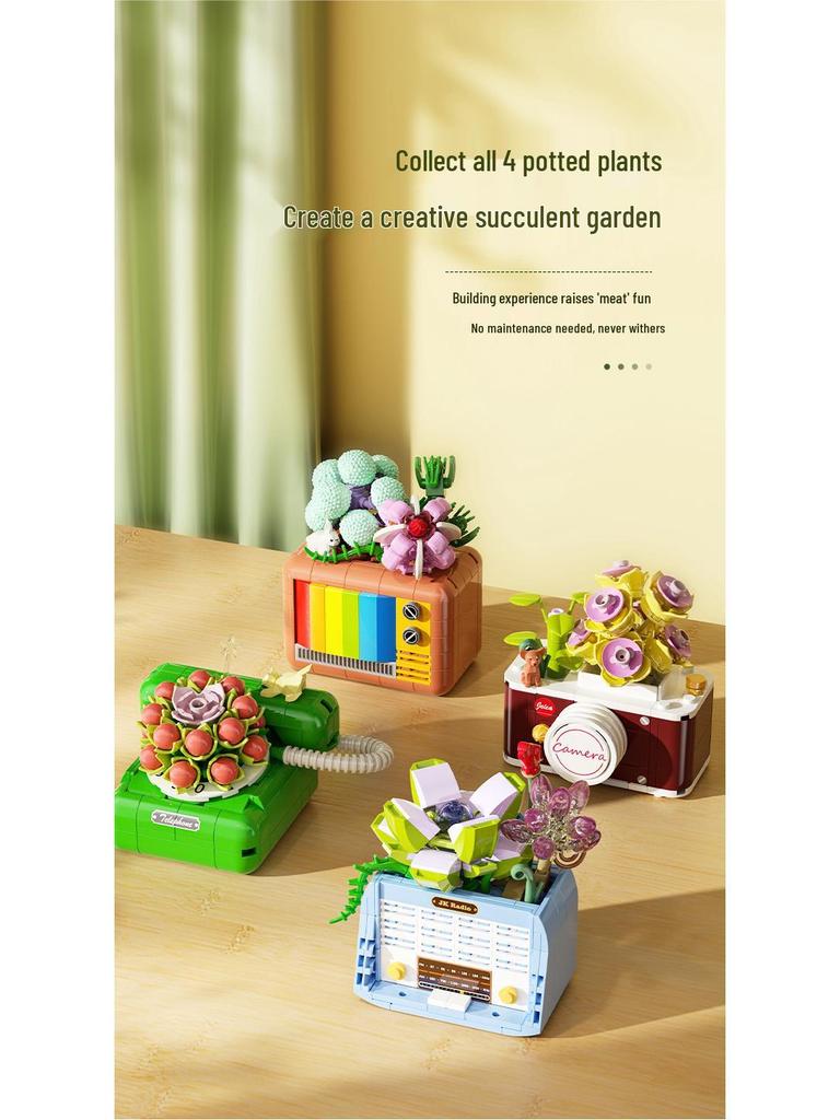 Jiaqi Retro TV Assembled Succulent Building Blocks Model JK2715