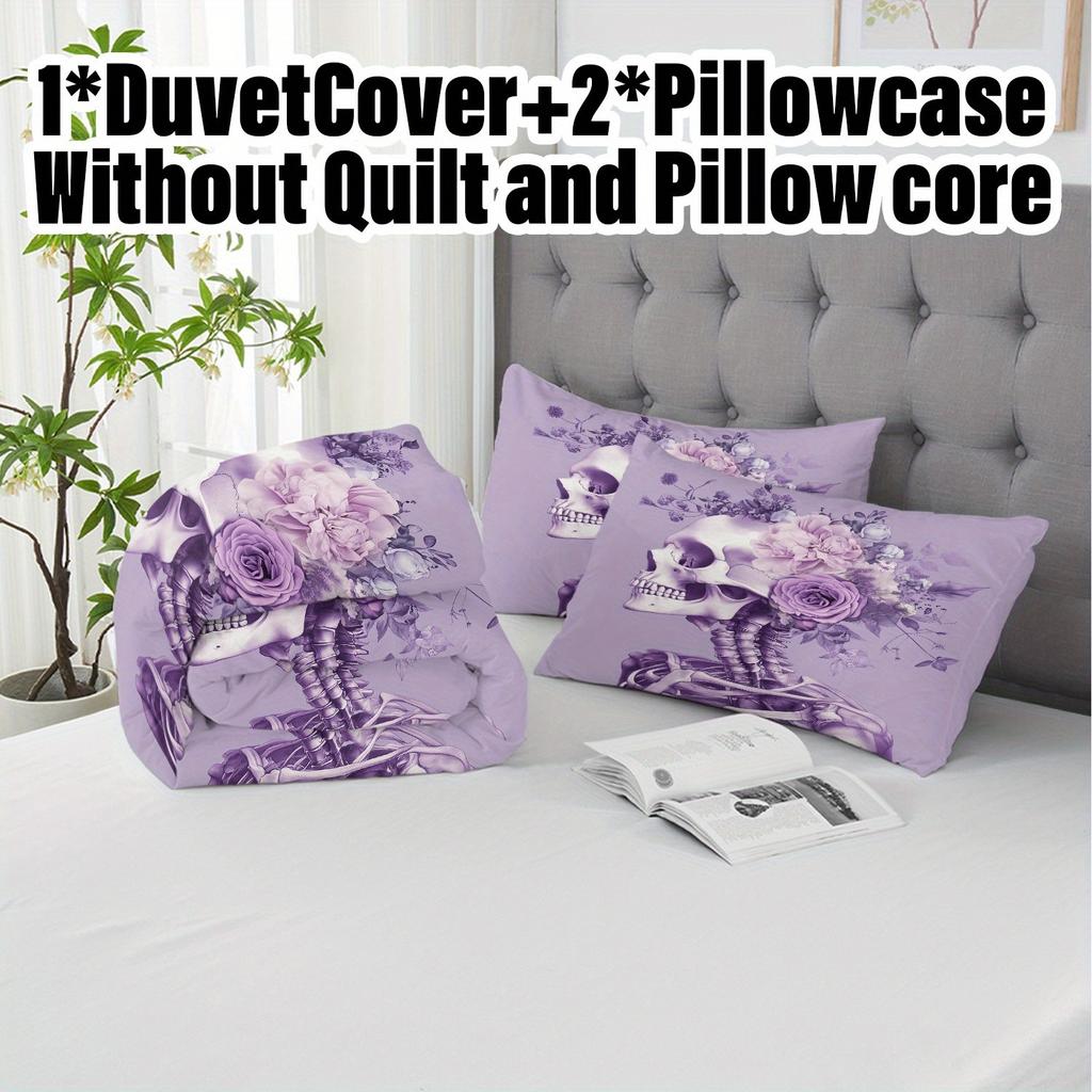 3Pcs Duvet Cover Set Without Core 1 Quilt Cover + 2 Pillowcases Soft And Machine Washable Purple Skull Floral Print Bedding Set