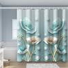 4-piece Set of Blue White Jade Orchid Waterproof Printed Shower Curtains with 12 Hooks, Bathroom Floor Mats