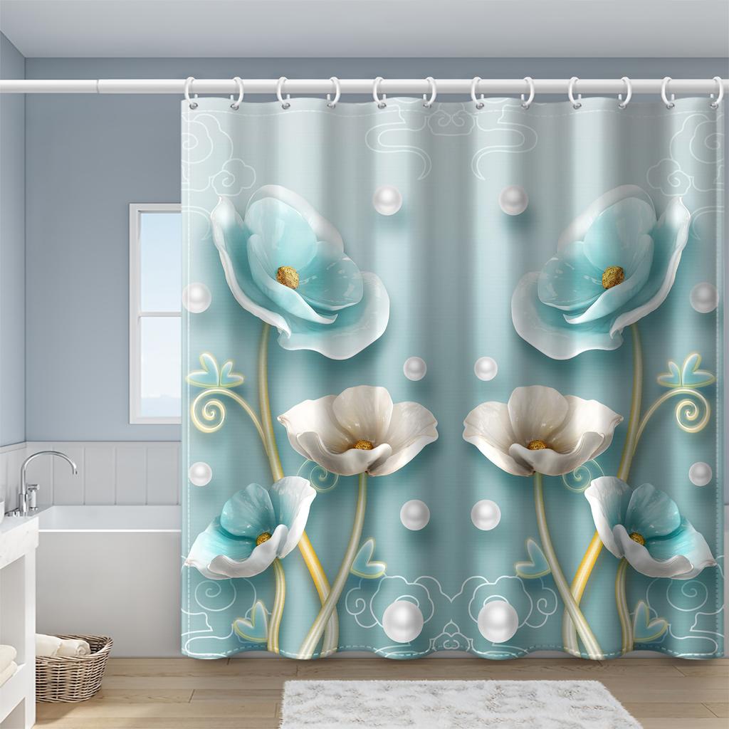 4-piece Set of Blue White Jade Orchid Waterproof Printed Shower Curtains with 12 Hooks, Bathroom Floor Mats