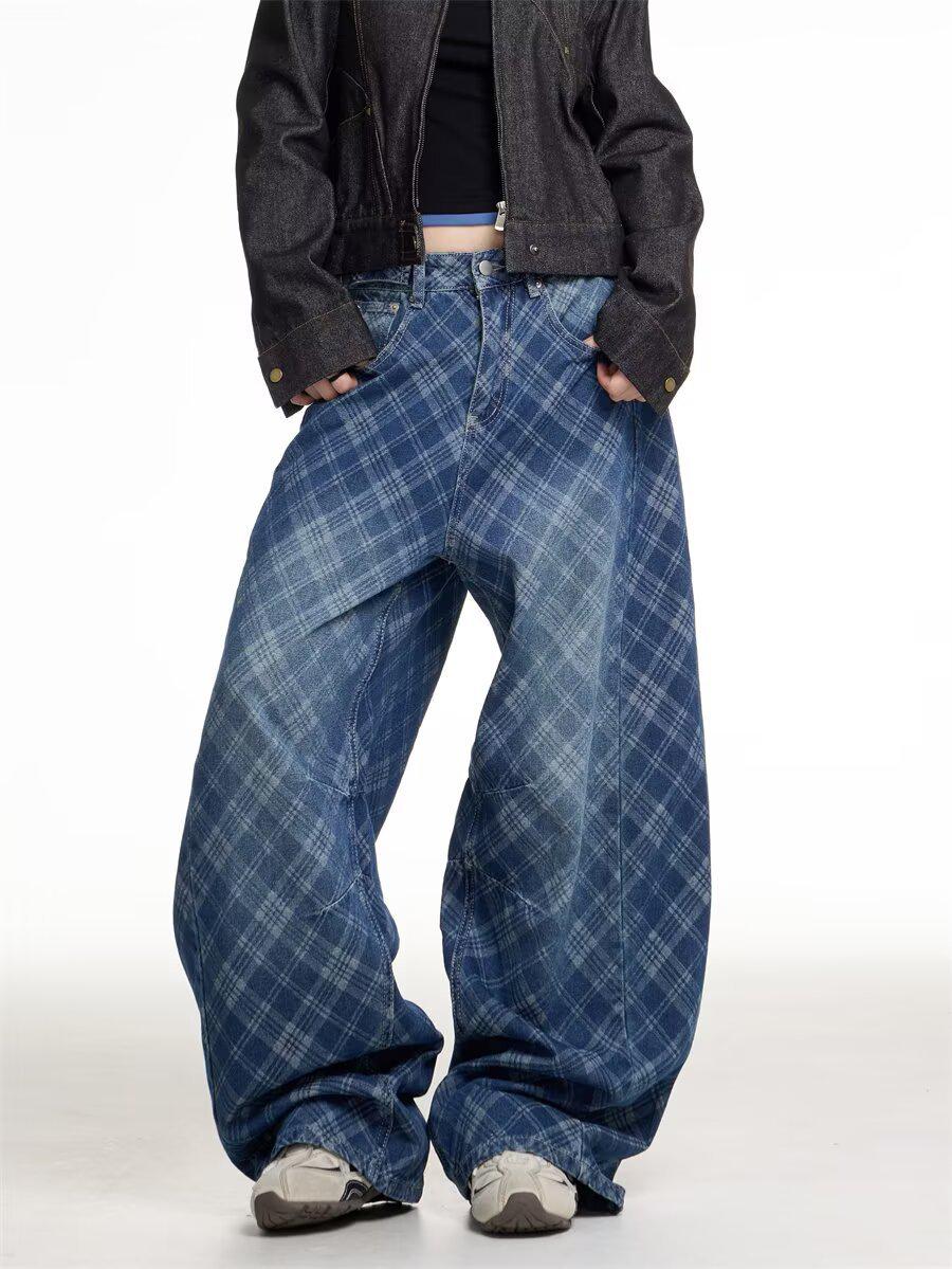 

American Retro Plaid Wide-Leg Jeans for Women - 2025 Autumn/Winter Collection 2XL синий