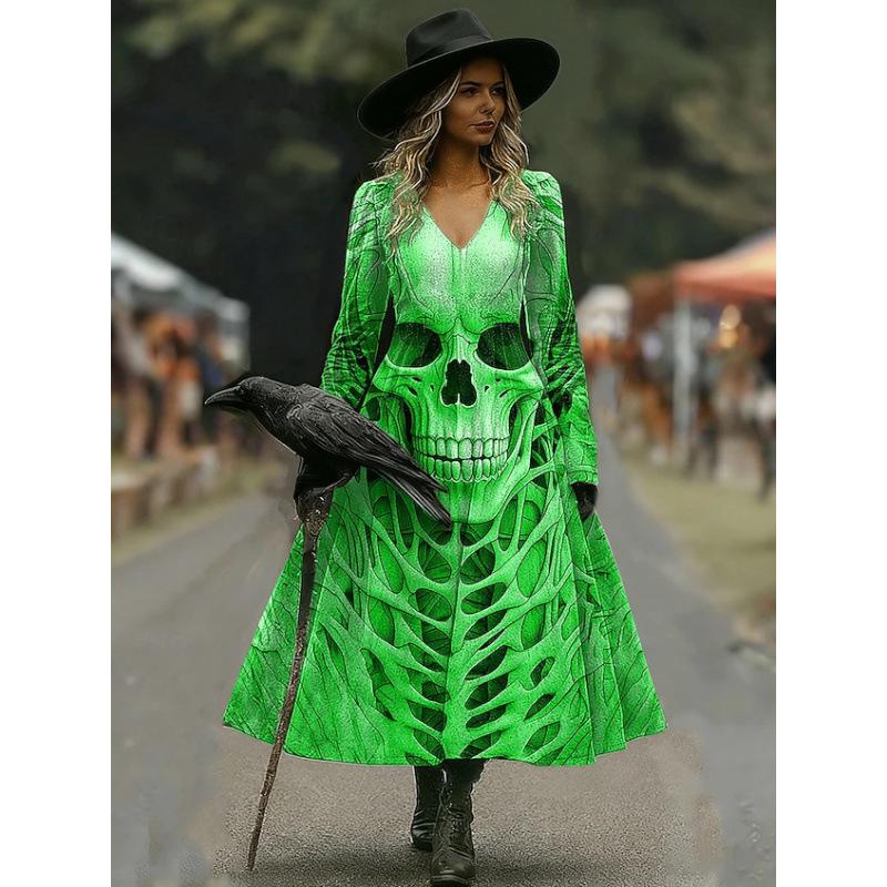 IFICY Women's Fashion Spring Autumn Long Sleeve V‑Neck High Waist Retro Bohemian Casual Dresses