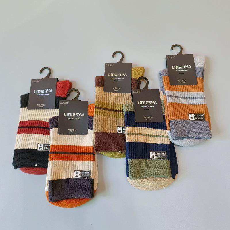Men's Double-Needle Striped Mid-Calf Socks - Thick Warm Cotton for Autumn/Winter