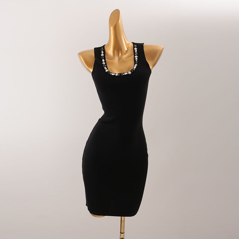 

High end Light Luxury Heavy Industry U Collar Slim fit Sleeveless Bag Hip Skirt Foreign Trade Hand Sewing Imported Rhinestone Knit vest Dress Black All yards