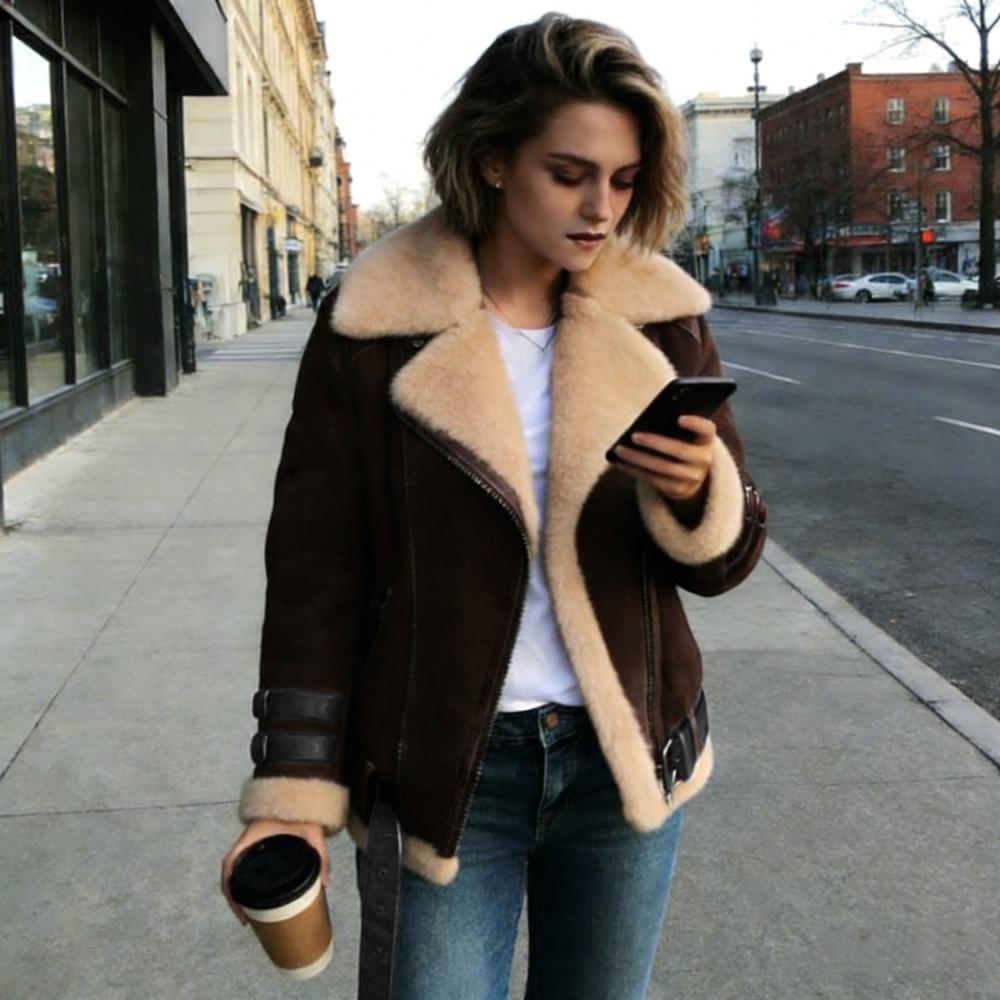 Women's Biker Deerskin Lamb Wool Fur Coat