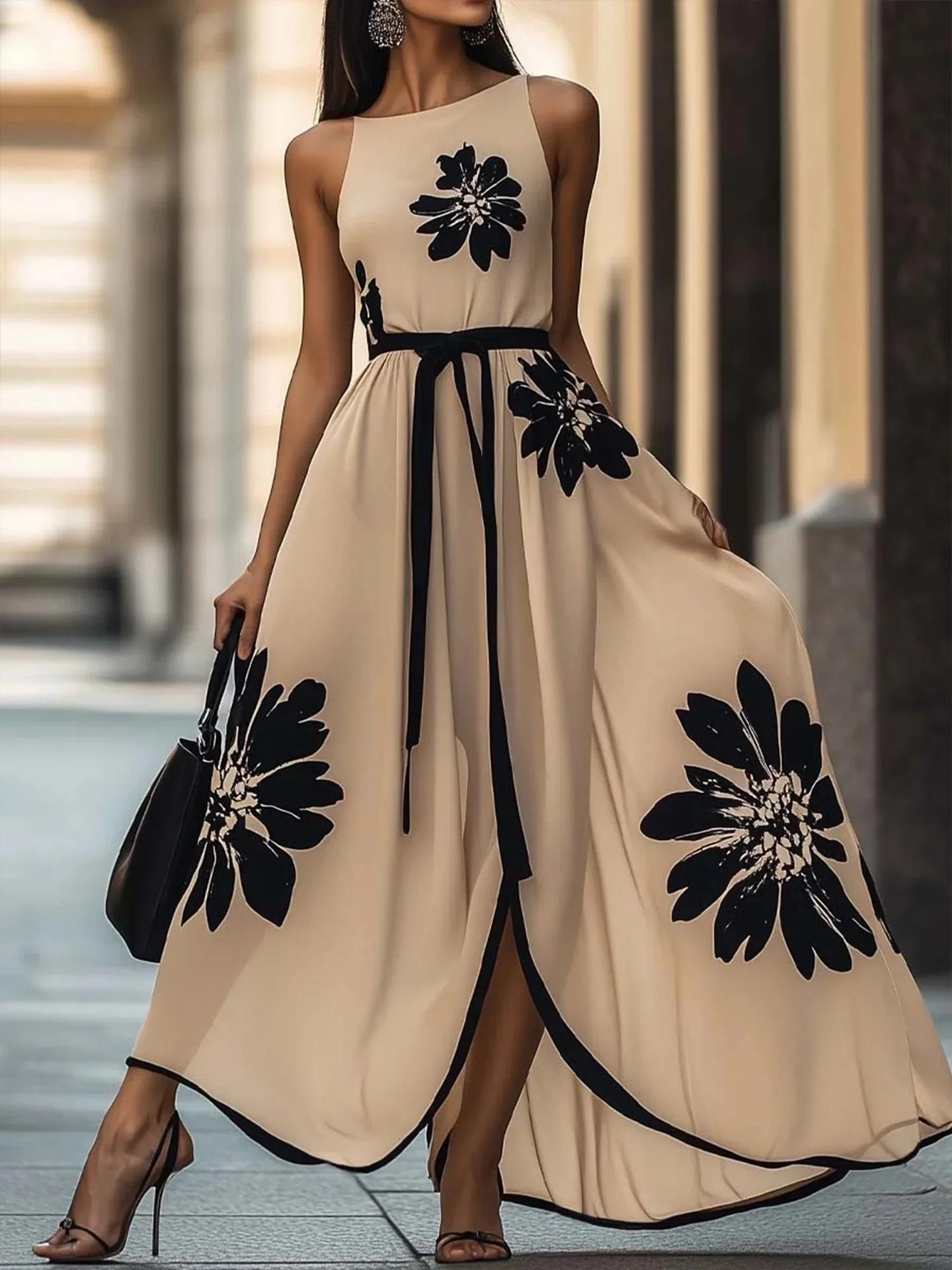 European elegant flower print crew neck long dress women s summer new sleeveless dress S