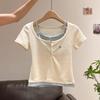Korean Style Chic Color Block Patchwork Half-Open Collar Short Sleeve T-Shirt for Women