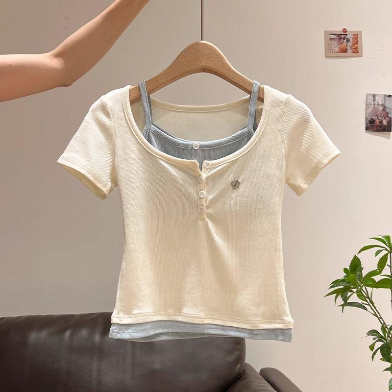 Korean Style Chic Color Block Patchwork Half-Open Collar Short Sleeve T-Shirt for Women