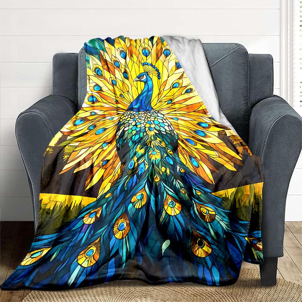 1pc Peacock StainedGlass Lightweight Flannel Blanket, Comfortable and Warm Blanket, for Office and Camping Sofa Bed, Livingroom082