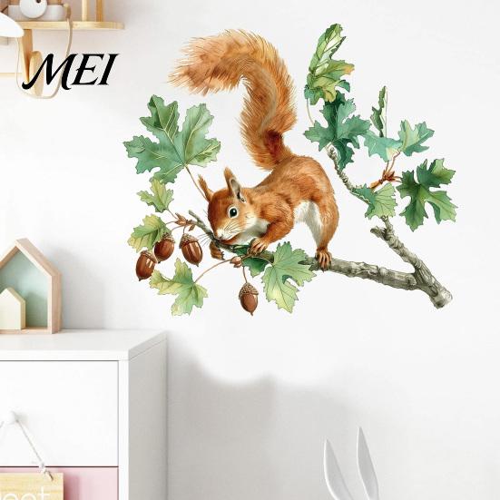 Decorative Glass Stickers for Windows Watercolor Squirrel Wall Sticker, Cute Tree Branch Decal, Easy To Apply Forest Animal Mural Art Living