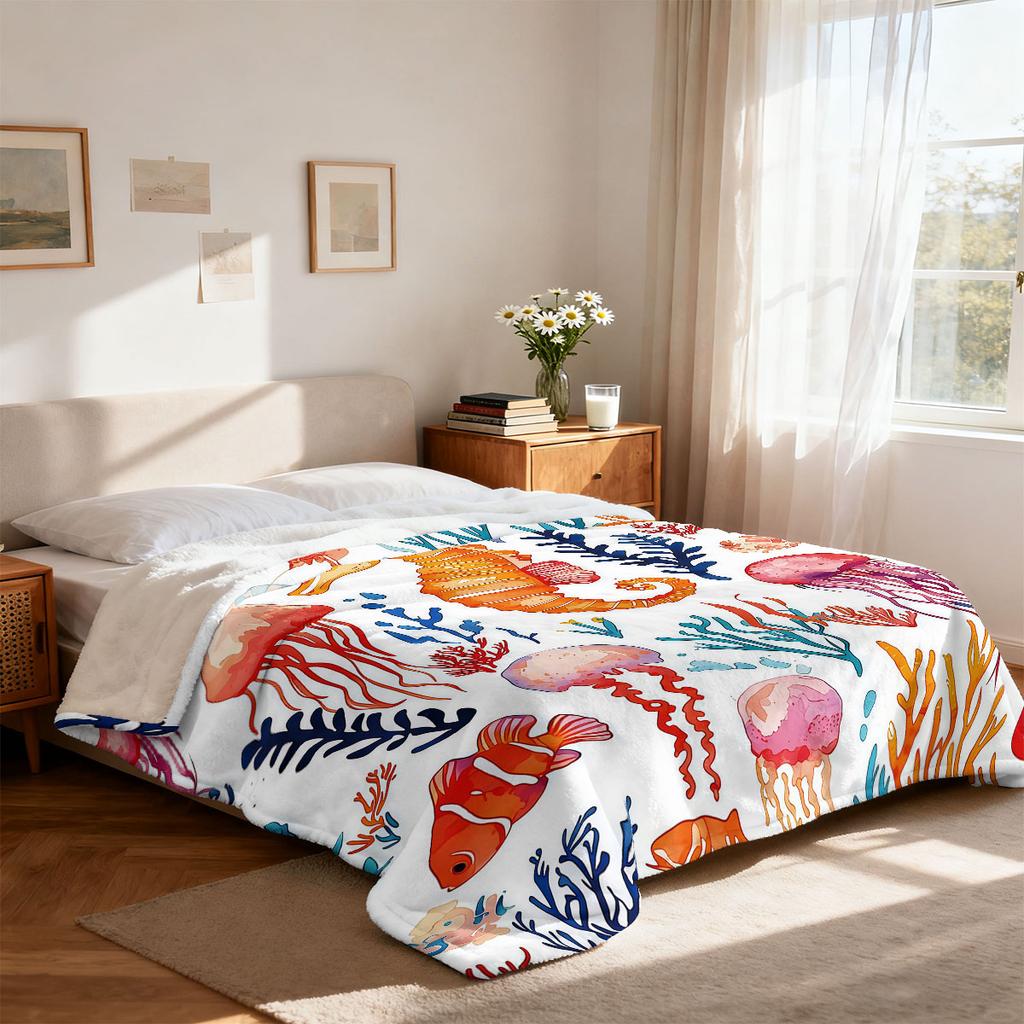 1Pc Colorful Marine Cartoon Bio Printed Flannel Blanket In Multiple Sizes Comfortable, Suitable For Napping, Machine Washable