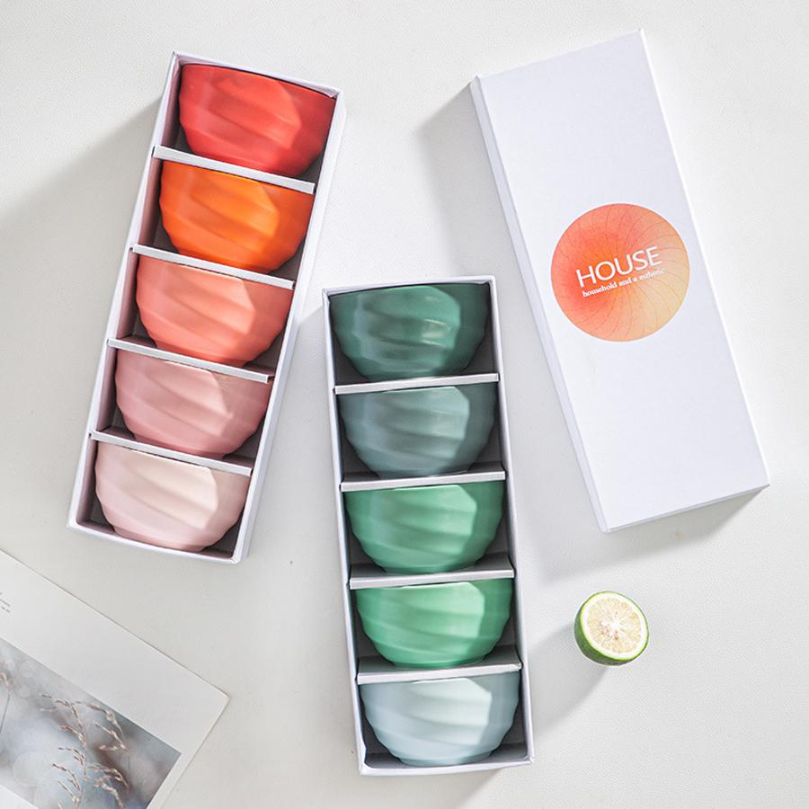 Set of 5 Gradient Macaron-Colored Wavy Ceramic Bowls - Household Soup Bowls and Rice Bowls, High-End Tableware Gift Box Set