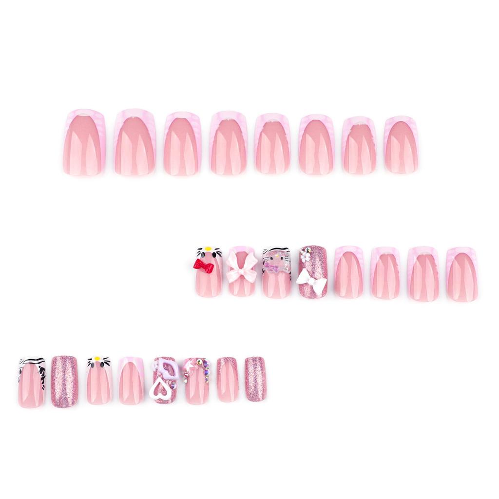 Cute Cat Bow Pink Japanese Manicure Wearable Short Square False Nails