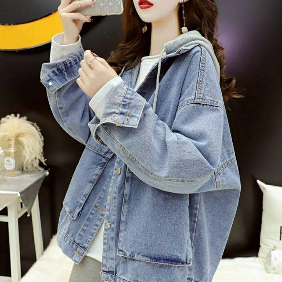 Female Solid Jean Jacket Women Korean Denim Jacket Women Spring Casual Loose Slimming Oversize Hooded Vintage Jean Coats XS синий