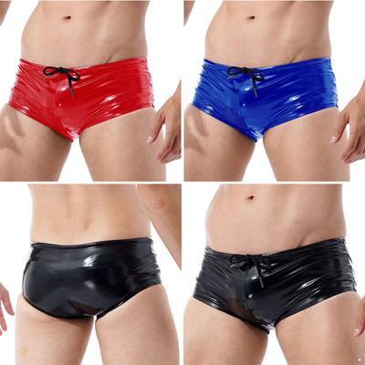 Mens Wet Look Patent Leather Swimming Trunks Low Rise Drawstring Boxer Shorts Swimwear