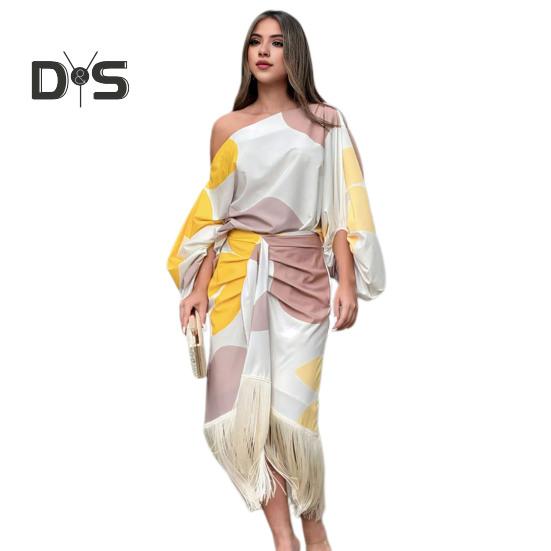 

2 шт./компл., женский комплект с верхней юбкой на одно плечо, с длинными рукавами-фонариками, в тон, с кисточками, с высокой талией, свободная мешковатая OL, комплект с блузкой-миди, юбка 2XL бежевый