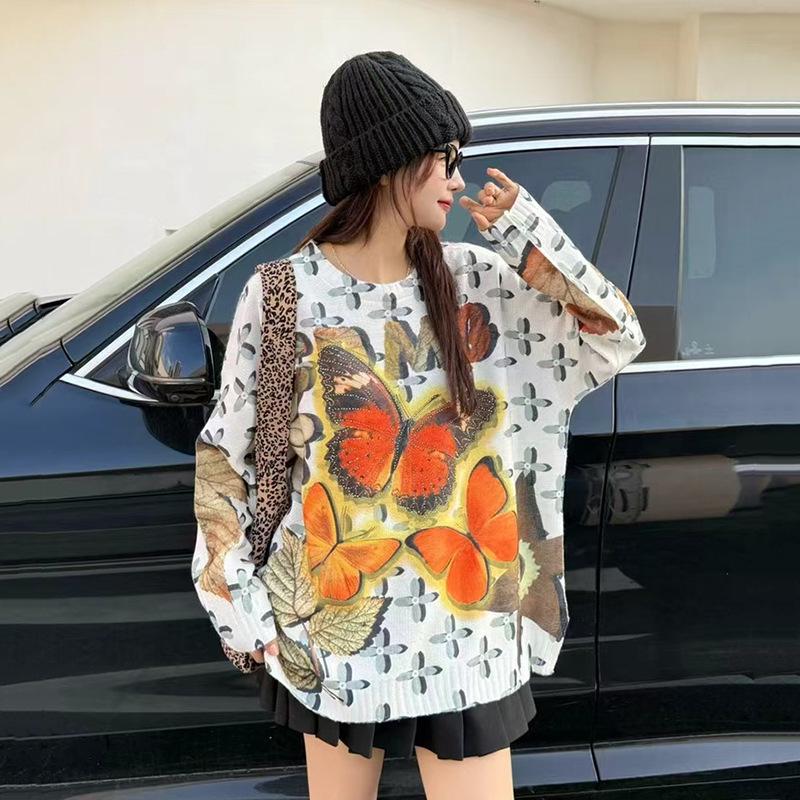 Plus Size Butterfly Print Round Neck Mink Velvet Sweater - Women's Autumn/Winter Fluffy Knit Top