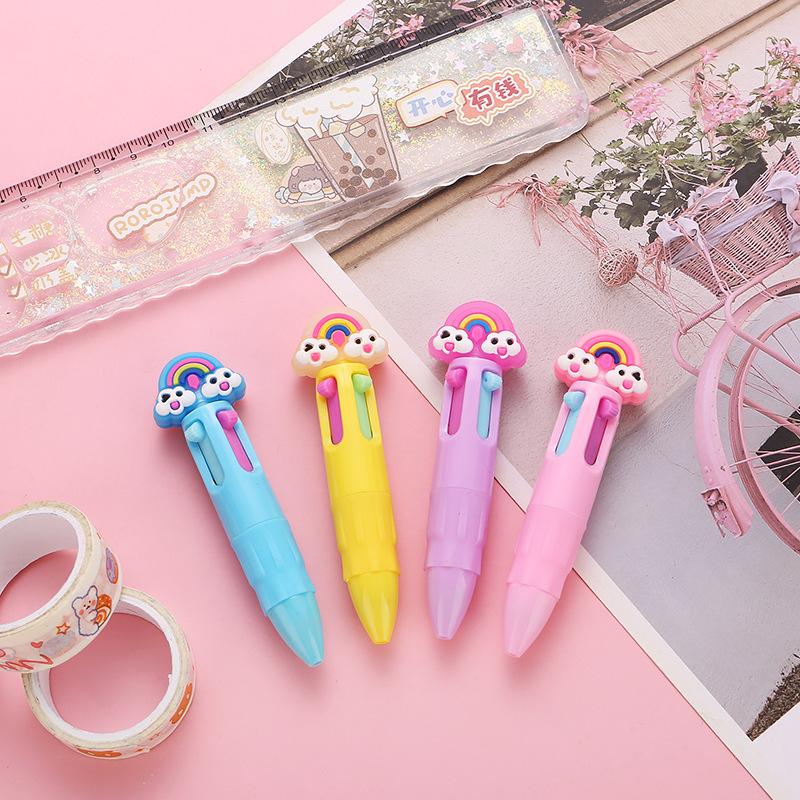 23Pcs Random Cartoon Cute Rainbow Cloud Topper Four-Color Ballpoint Pens, Portable Multifunctional Writing Pens,Office&Student Stationery