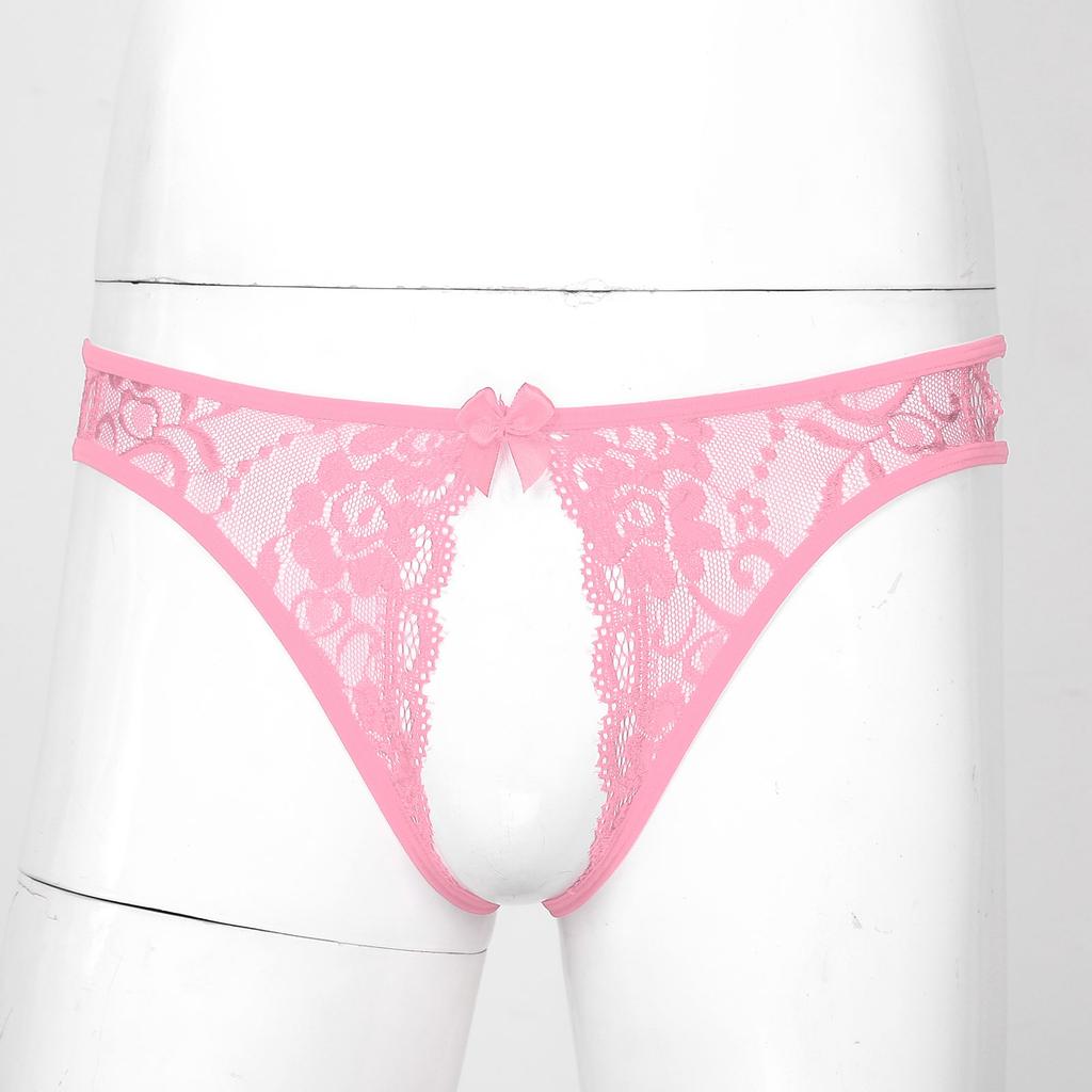 Male Sexy Lingerie Men Floral Lace Crotchless T-back Briefs Hollow Out Thong Briefs Nightwear Sleepwear