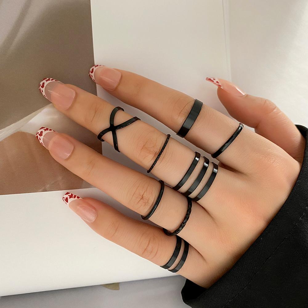 Kpop Punk Geometric Black Chain Open Ring For Women BFF Wedding Luxury Vintage Grunge Aesthetic Jewelry EMO Y2K Accessories