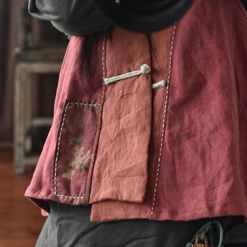 Johnature Women Vintage Vests Patchwork Linen Coats Autumn Button V-Neck Chinese Style Women Original Vests Coats