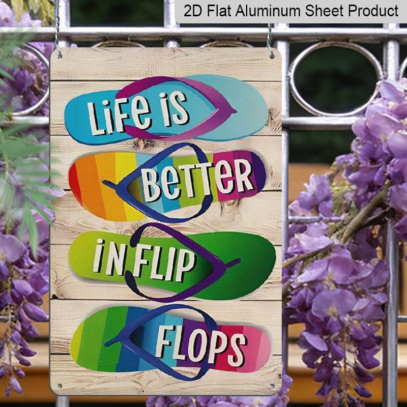 2D Flat, 1pc "Life Is Better In Flip Flops" Aluminium Metal Wall Decor Sign - 8"x12" Rainbow Flip Flops Beach Decor, Rustic Metal Wall Art, Perfect