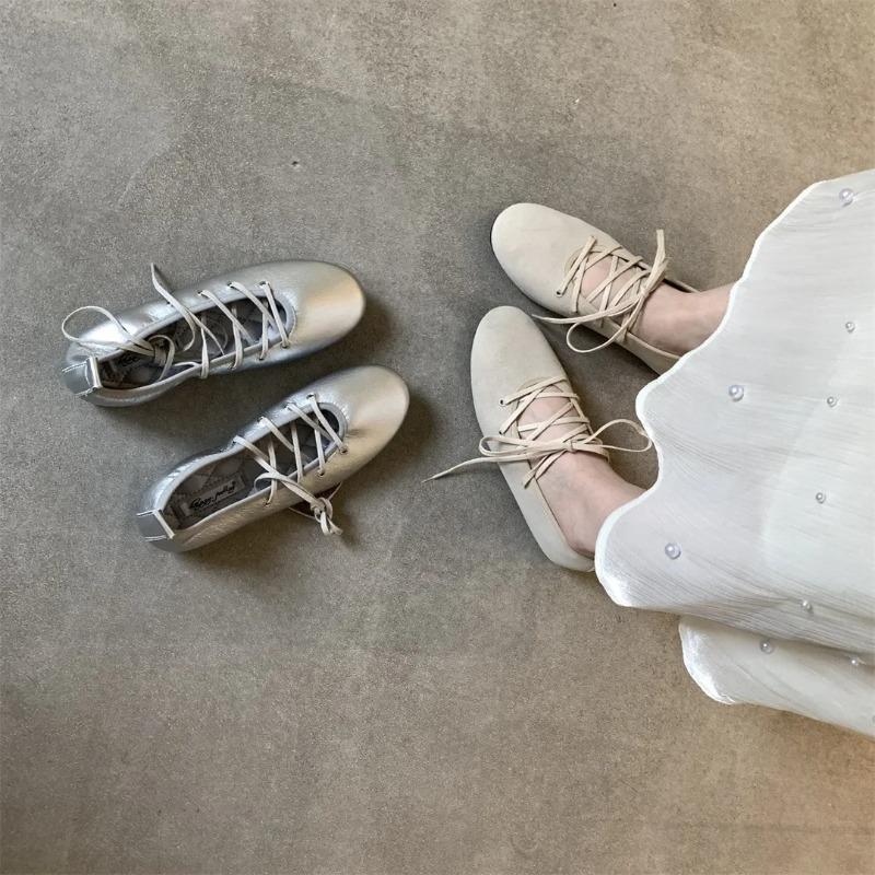 Spring 2025 Women's Ballet Flats Soft Low Heel Flat Shoes Casual Versatile Comfortable Round Toe Leather Shoes