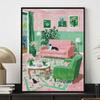 5D Full Round Diamond Painting Kit Pink Green Living Room with Two Black White Cats Home Landscape Wall Art