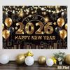 Shiny 2026 New Year Backdrop Banner Colorful Balloon Black Gold Photography Background Letter Champagne Celebration Banner Event