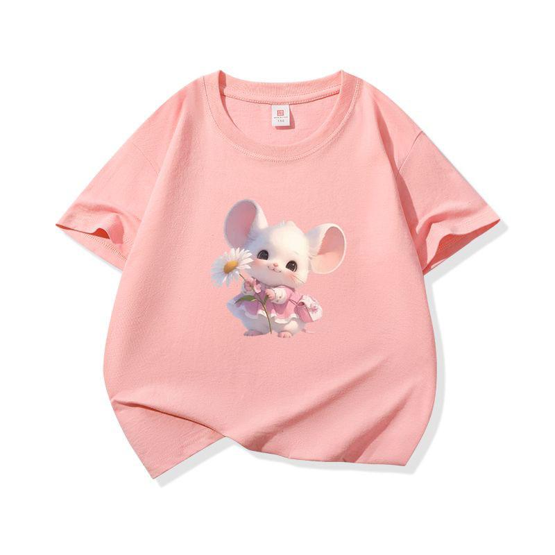 Kids Cotton T Shirt Cute Mouse Holding Daisy Print Crew Neck Short Sleeve Tee Casual Boys Girls Summer Tops