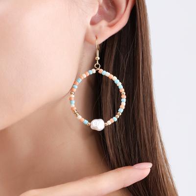 European and American Jewelry, Fashionable Color Rice Bead Imitation Pearl Earrings, Casual Beach Geometric Circle Earrings Trendy Girl