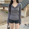 La Chapelle V-Neck Button-Up Long Sleeve T-Shirt