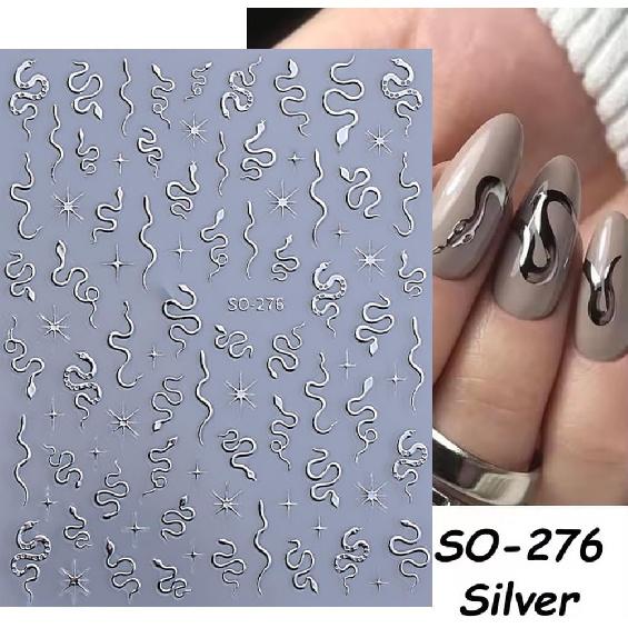 8 Sheets Nail Art Stickers, Gold Silver Star Snake Nail Decals 3D Self-Adhesive Laser Gold Silver Black Snake Nail Design Stickers DIY Manicure