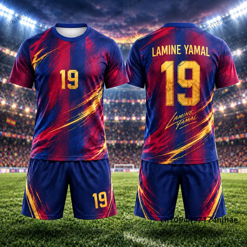 Tuta da Ginnastica per Bambini Spagna Tifosi Yamal #19 Stampa Maglietta+Pantaloncini Set Tuta Sportiva Calcio Allenamento Bambini/Adulti Completi 2 Pezzi