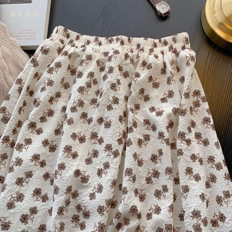 Women s Vintage Brown Floral Print High Waist A Line Skirt S