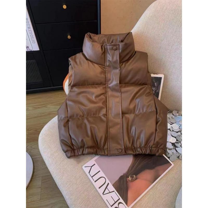Leather simple down cotton clothes vest women's autumn and winter new student small stand-up collar solid color coat
