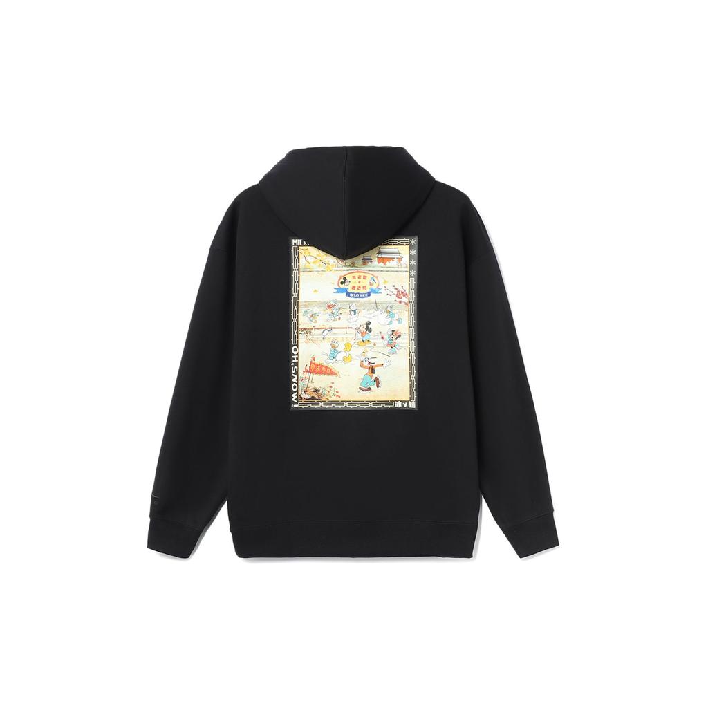 Li-Ning Disney Spoluznačková Zábavná Kreslená Potisk Fleecem Podšitá Mikina Přes Hlavu Unisex Top Černá AWDR687-5