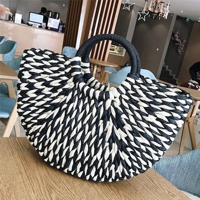 Summer Handmade Straw Weave Bags Women Beach Weaving Ladies Straw Bag Wrapped Beach Bag Moon shaped Top Handle Handbags Totes