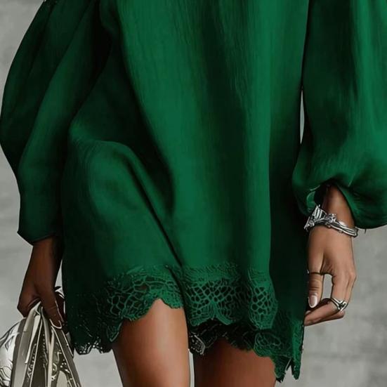 Women Off One Shoulder Loose Mini Dress, Batwing Long Sleeve Lace Trim Club Party Cocktail Dress, Summer Vacation Wedding Guest Dress