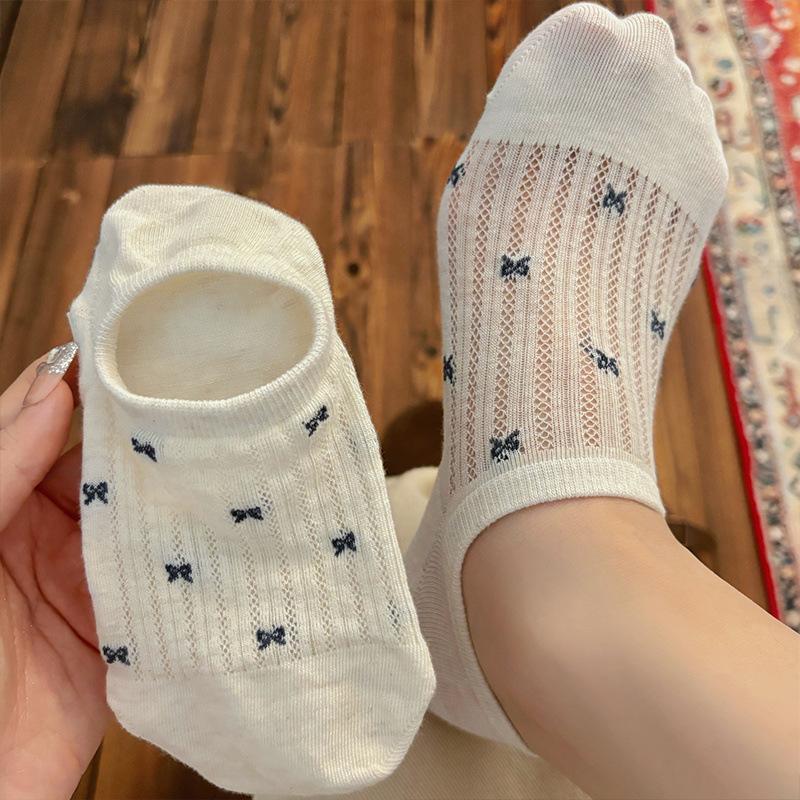Bow Mesh Boat Socks Women'S Cotton Breathable Summer Thin Low-Top Shallow-Mouth Socks Non-Slip And Non-Slip Women'S Socks